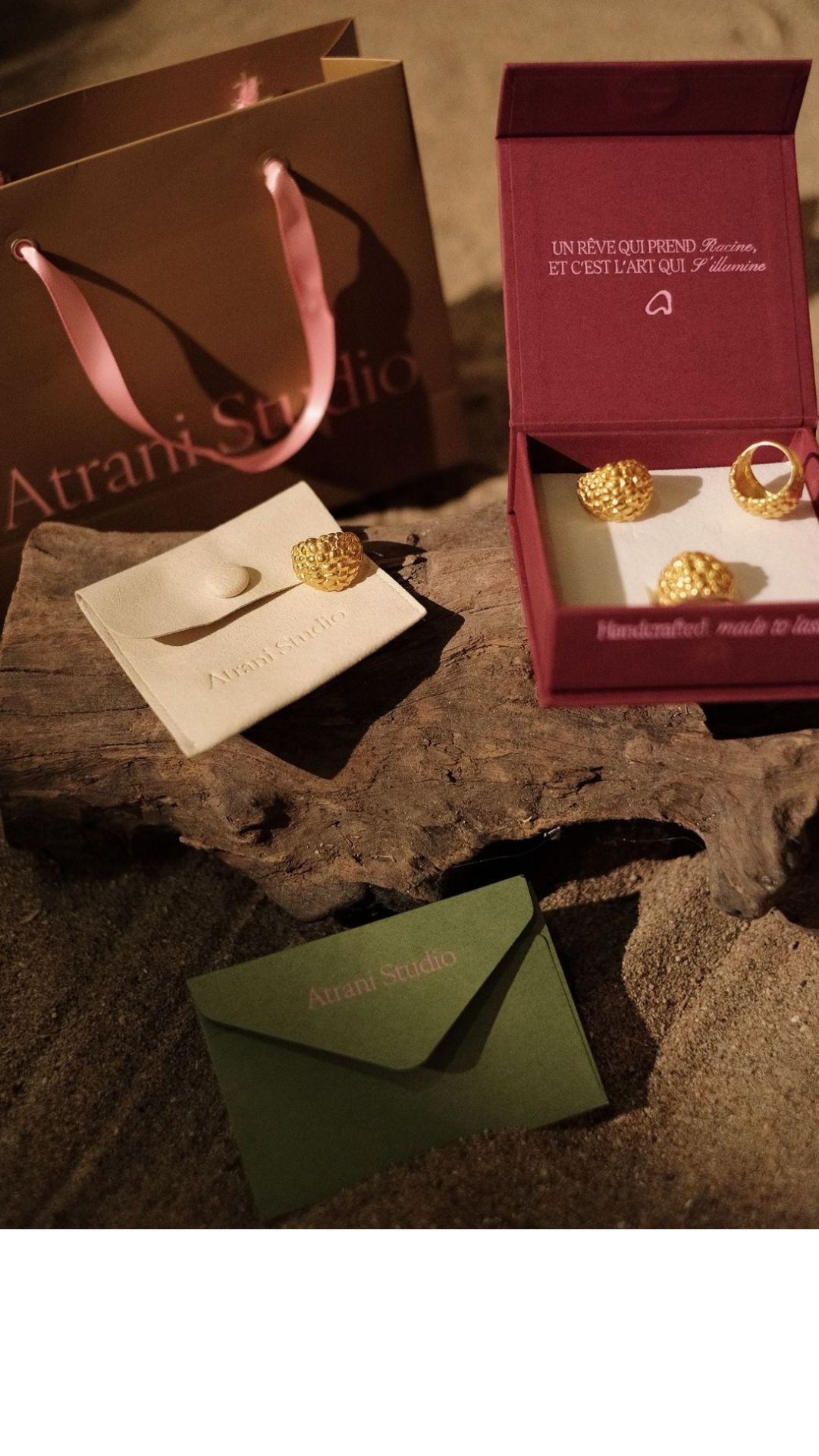 Atrani studio packaging is plastic-free and recyclable each order comes in a protective pouch, instructional card, certificate of authenticity, and the creation date of your unique piece.