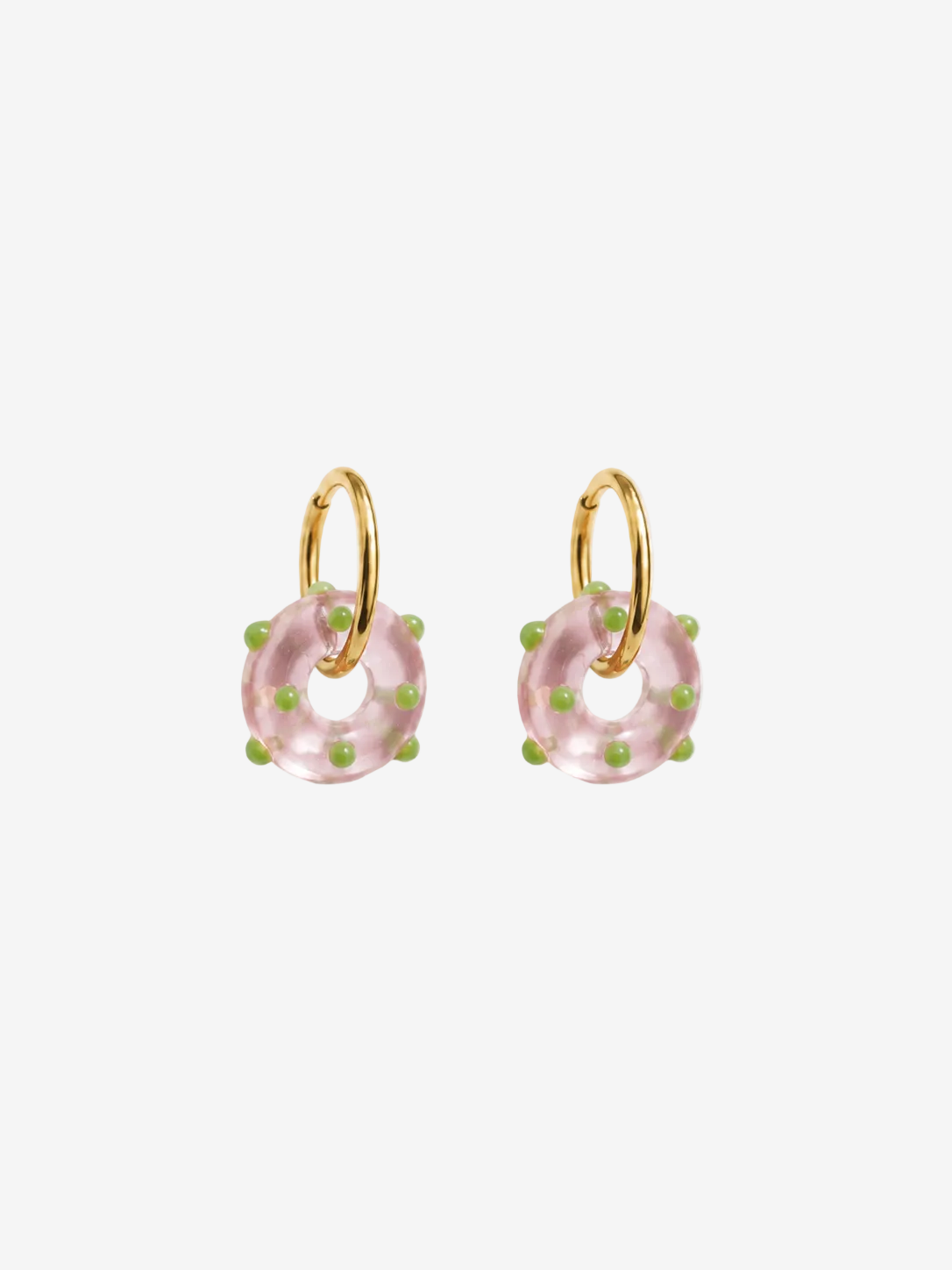 Pair of pink hoop earrings with gold accents on a white background
