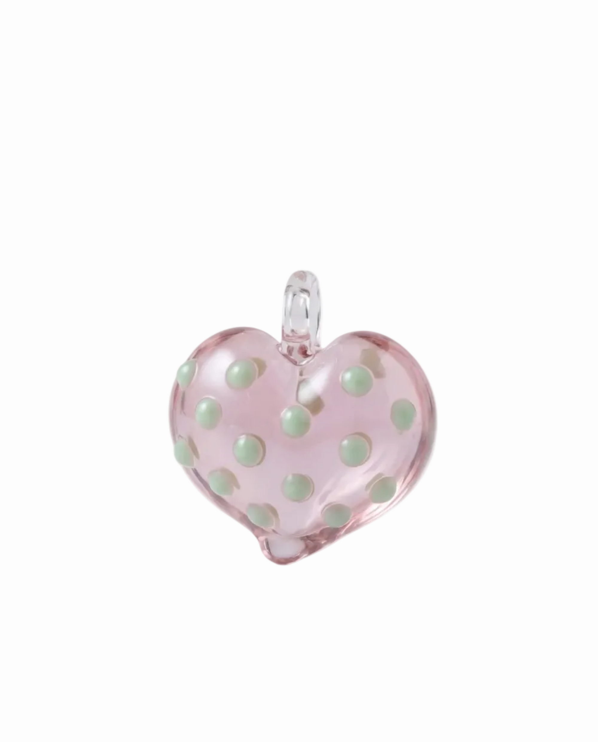 atrani studio Pink heart-shaped pendant with green polka dots on a white background