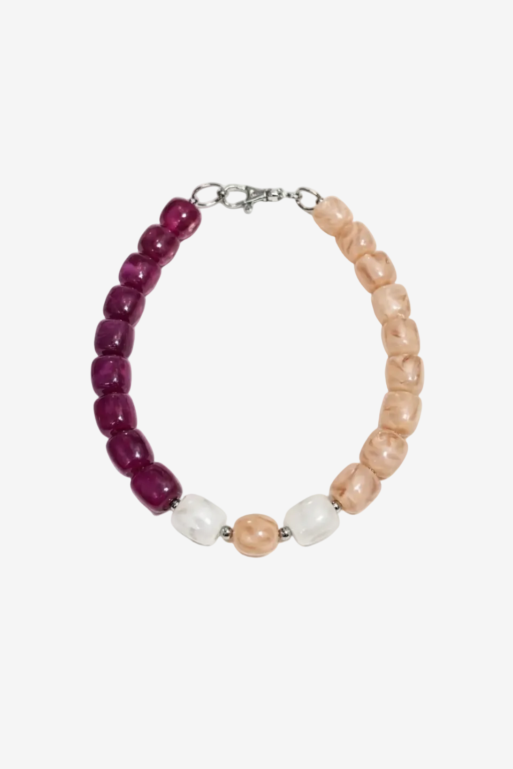 Bracelet with purple, pink, and white beads on a white background