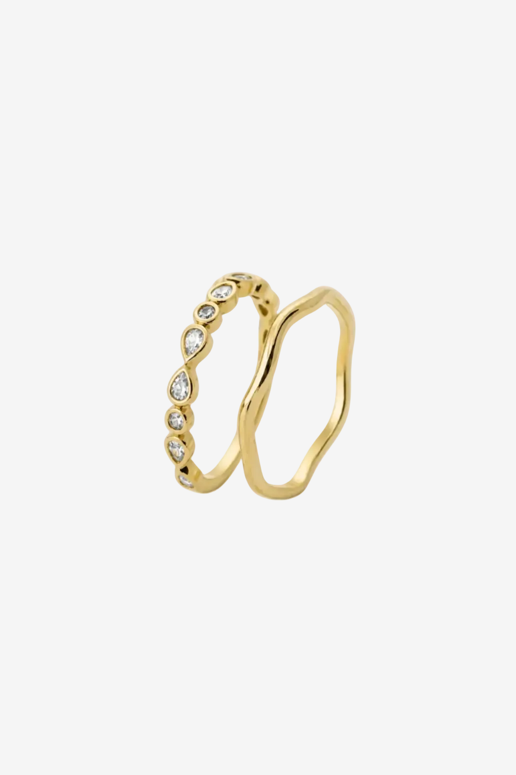Gold ring with embedded stones on a white background