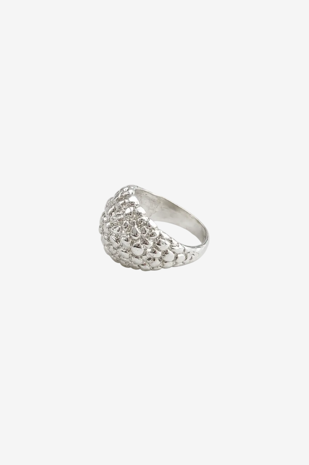 Silver ring with textured design on a white background
