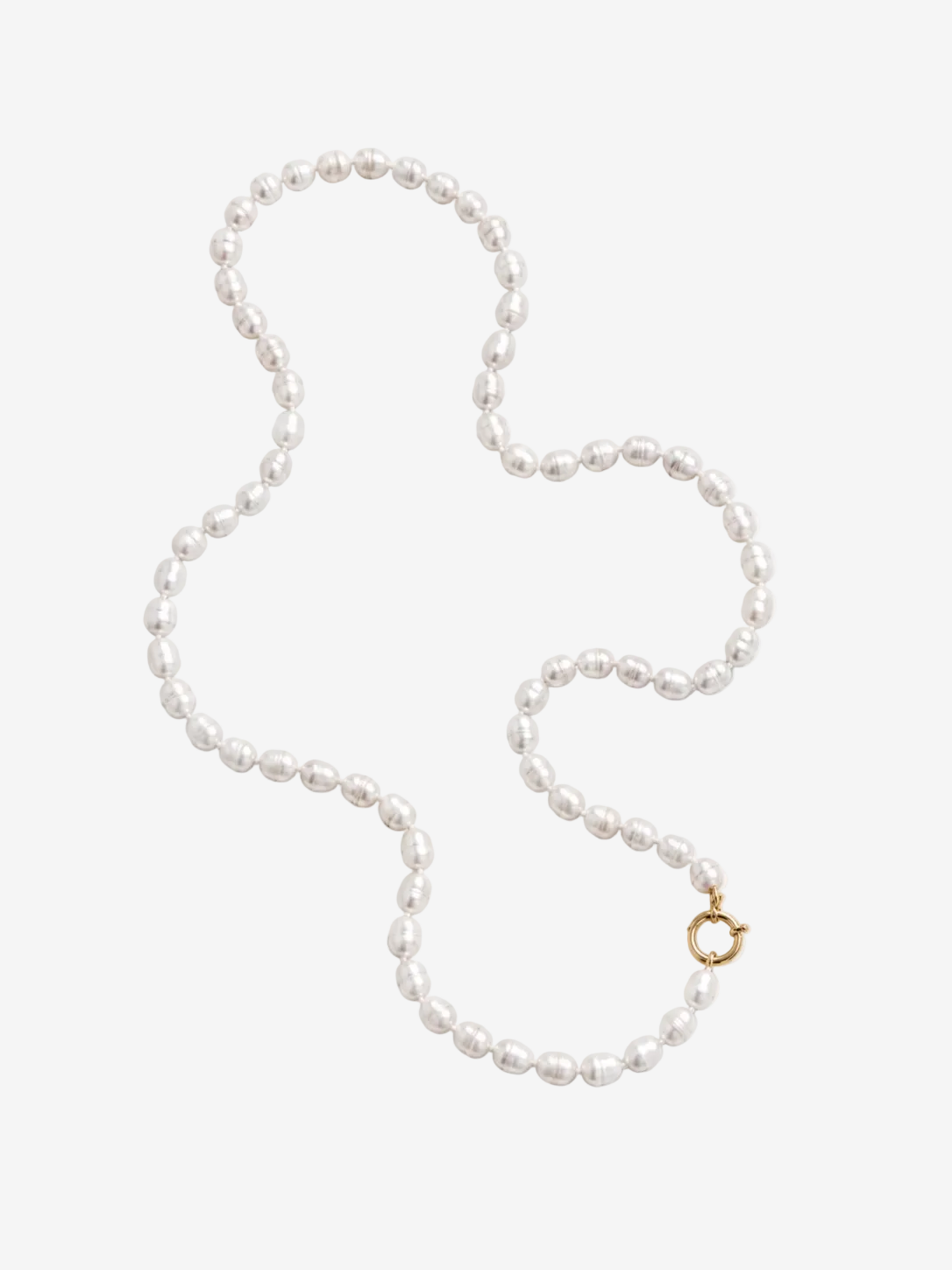 Pearl necklace with a gold clasp on a white background