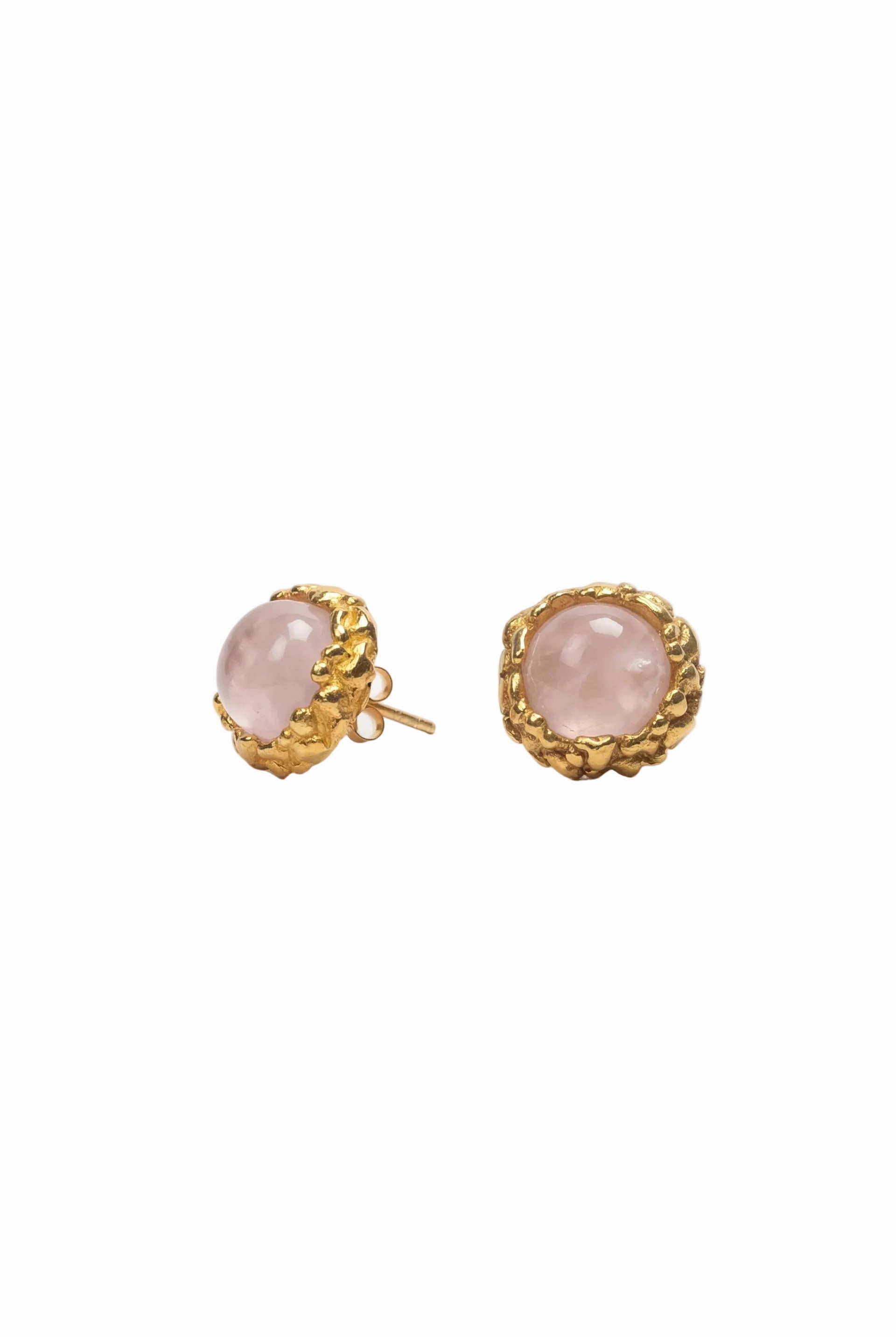 atrani studio Gold earrings with pink rosa quartz gemstones on a white background