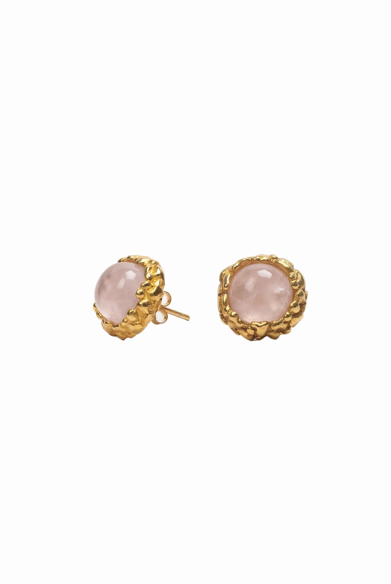 atrani studio Gold earrings with pink rosa quartz gemstones on a white background